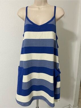NWOT Bucket List Blue White Stripe Cotton Romper With Pockets Size L